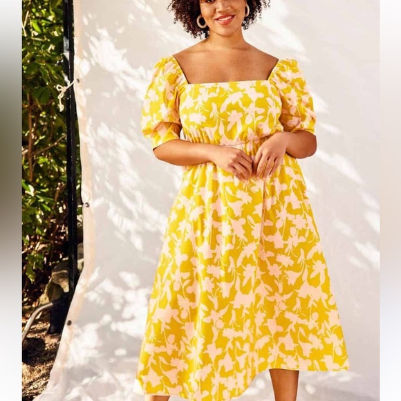 Eloquii | Bright Yellow Baby Pink Floral‎ Puff Sleeve Midi Sundress Square Neck - Picture 6 of 9